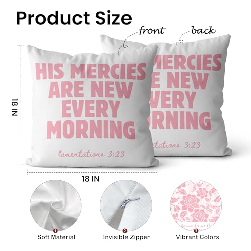 Pink Christian Pillow Covers 18x18, Pink Coquette Room Decor, Bible Verse His Mercies are New Every Morning Religious Decorative Pillow Covers for Home Couch Living Room Bedroom Set of 4