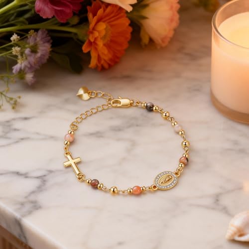 Gold Rosary Bracelet for Women Virgin Mary Jesus Cross Charm Link Chain Golden Religious Rosarios Catolicos Virgen de Guadalupe Bracelets Religious Jewelry Gift for Confirmation Baptism First Communion Gift - color: Pink