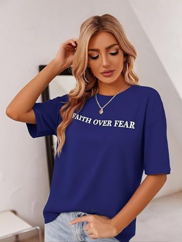 Faith Over Fear Shirt for Women Graphic Shirts Oversized Graphic Christian Tshirts Tees Tops - color: Blue, size: Large
