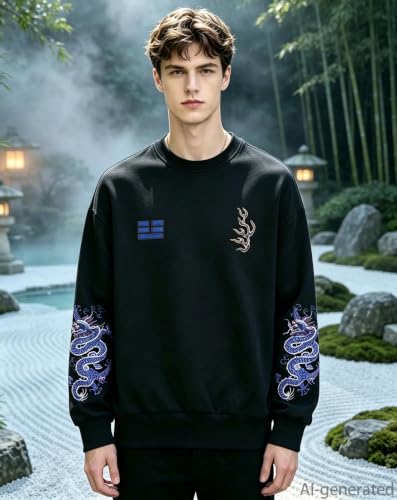 Niepce Inc Men's Embroidered Graphic Crewneck Sweatshirt - color: Black-blue Dragon, size: Small