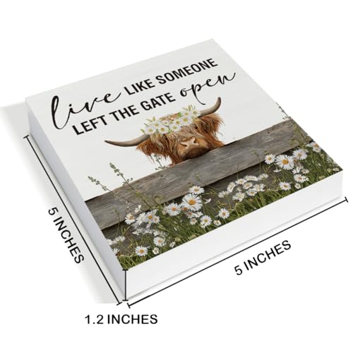 Highland Cow Gifts - Highland Cow Decor - Farm Live Like Someone Left the Gate Open Wood Sign Home Office Kitchen Bathroom Desk Shelf Table Wall Tabletop Decorations 5×5 Inches - color: Highland Cow Gifts 01