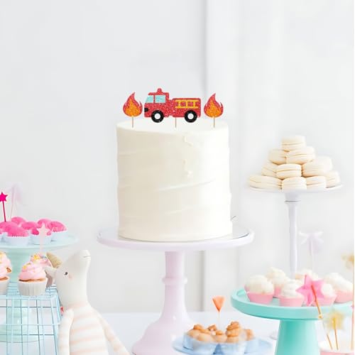 Firetruck Cake Topper, Fire Truck Birthday Cake Decor, Red Glitter Emergency Vehicle Cake Topper for Boy Birthday, Firetruck Themed Baby Shower Party Decoration - style: Firetruck