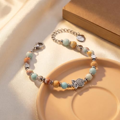 Bracelet for Women Natural Stone Beaded, Stainless Steel Charms, Adjustable - color: 7-Owl