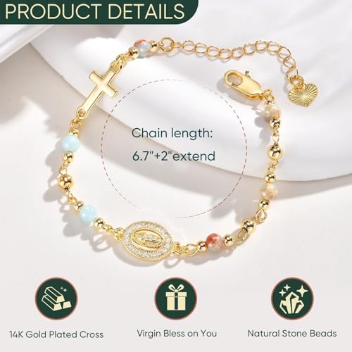 Gold Rosary Bracelet for Women Virgin Mary Jesus Cross Charm Link Chain Golden Religious Rosarios Catolicos Virgen de Guadalupe Bracelets Religious Jewelry Gift for Confirmation Baptism First Communion Gift - color: Green