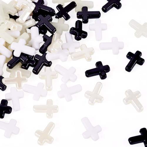 FASHEWELRY 100Pcs Black White Acrylic Cross Beads - Cute Mini Crucifix Loose Rosary Spacer for Easter, DIY Bracelet, Necklace, Jewelry Making, Earring - color: Cross-Black White