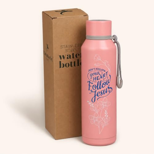 Christian Art Gifts Insulated Stainless Steel Follow Jesus Water Bottle for Women: Double-Wall Vacuum Sealed, Carry Loop, Leak-Proof Twist Cap, Pink Floral, 24 oz.