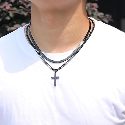 Zocomi Cross Necklace for Men Boys, Stainless Steel Layered Cuban Link Herringbone Chain Cross Pendant Christian Fashion Jewelry Gifts 16-24 Inches - color: Black, size: 20inch/22inch, style: Herringbone+Cuban