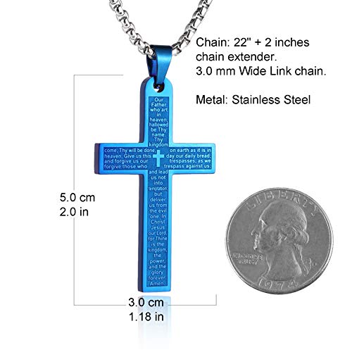 HZMAN Stainless Steel Cross Necklace for Men Women Lord's Prayer Pendant - color: Blue