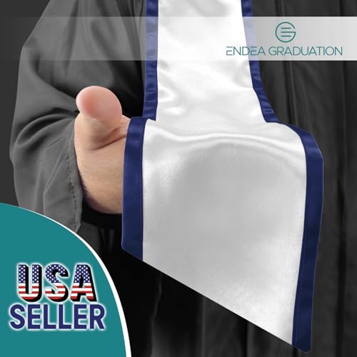 Endea Graduation Plain Honor Stole With Trim Color & Angled End Adult Unisex 72" - color: White/Navy Blue