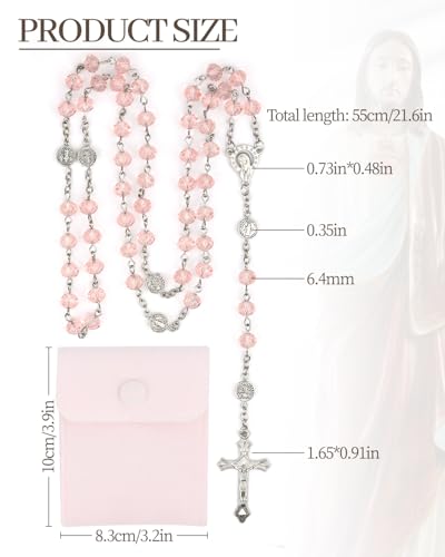 Rosary Beads for Women - Catholic Rosary Beads with Cross, Pink Crystal Rosary Necklace with Velvet Pouch, Religious Gifts for Women - color: Pink