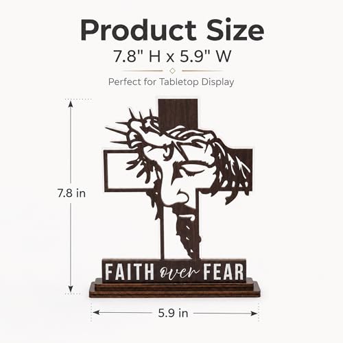 Christian Gifts for Men & Women, Faith Over Fear Wooden Cross Plaque Decor - color: Kat- kien - jesus plaque