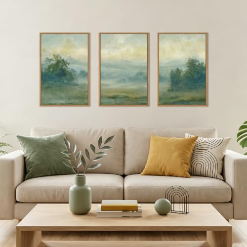 HLNIUC Green Abstract Minimalist Framed Canvas Wall Art,Large Neutral Landscape Wall Decor,Watercolor Forest Mountain Artwork Set of 3(16x24),Modern Nature Scenic Prints for Living Room,Bedroom,Office - color: Green Abstract, size: 16"L x 24"W