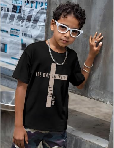 Christian Shirts for Boys Jesus Cross Casual Tops - color: Black, size: 5-6 Years