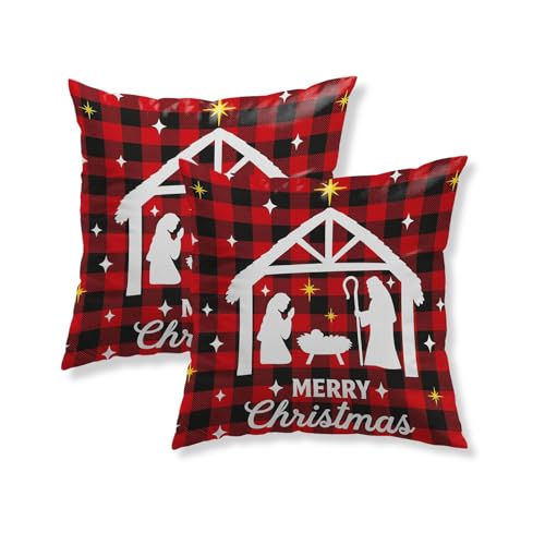 HOMETITUTE Set of 2 Christmas Nativity Plaid Pillow Covers 18x18 Inch - color: Christmas Throw Pillow Covers #07