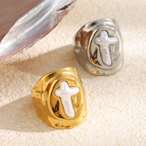 Baroque Pearl Cross Chunky Statement Ring for Women Men Stainless Steel Keshi Beachy Pearl Faith Religion Wide Irregular Dome Fashion Trendy Thumb Finger Band Unique Christian Jewelry for Mother - color: Silver