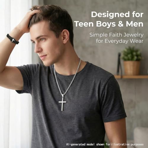 Silver Stainless Steel Cross Necklace for Teen Boys & Men, Adjustable Rope Cross Bracelet, Easter Stocking Stuffer & Birthday Gift for Son, Grandson - color: To My Son