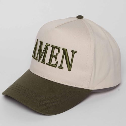 MIRMARU Christian Theme Embroidered 5 Panel Cotton Trucker Hat Snapback Cap for Men and Women - color: Amen,olive