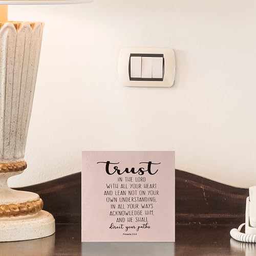 Christian Desk Decor, Proverbs 3:5-6 Trust in the Lord with All Your Heart Wooden Box Sign, Inspirational Christian Bible Verse Wood Signs for Home Office Desk Shelf Table Decor, 5x5 Inch - color: Proverbs 3:5-6