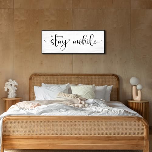 Stay Awhile Sign Wall Decor: 40''×15'' Farmhouse Kitchen Wall Art Print Rustic Framed Canvas Painting, Large Black Hanging Plaque for Dining Room Living Room Bedroom Home Decor - color: Stay Awhile, size: 40"×15"