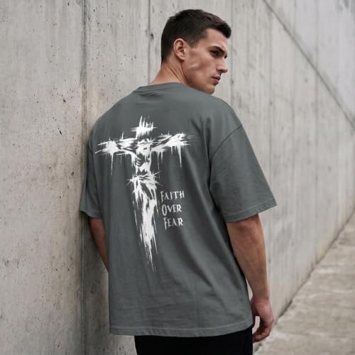 BINTEHGS Christian Faith Over Fear Shirt Jesus Cross T Shirts for Mens Oversized Religious Tshirts God Vintage Graphic Tee - color: Dark Gray, size: XX-Large