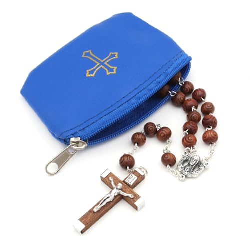 Blue Rosary Pouch with Zipper & Gold St. Thomas Cross Imprint | Compact Leatherette Rosary Case for Small to Medium Rosaries | Protective Travel Rosary Holder for Men & Women - color: Blue