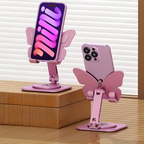 Butterfly Phone Stand for Desk, 360° Rotating Cell Phone Holder, Foldable Desktop Cradle Dock, Height & Angle Adjustable Aluminum Stand Compatible with iPhone, Samsung, Kindle, Pad (Pink)