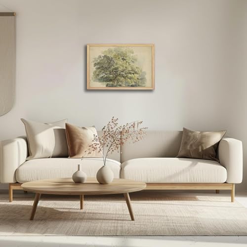 Watercolor Oak Tree Wall Art 16x24Inchs - Green Nature Landscape Painting Print with Light Wood Frame, Rustic Farmhouse Home Decor for Living Room Bedroom Office, Framed Canvas Picture Poster - color: Vintage Tree, size: 16"L x 24"W