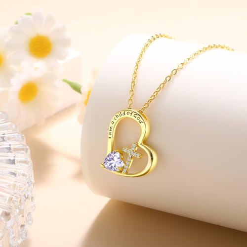 Birthstone Cross Necklace for Girls, Child of God Cross Gifts Jewelry - color: 06. June, style: 02. Yellow color