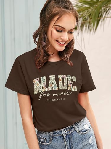 Made for More Christian Shirts for Women Inspirational Bible Verse T-Shirt Religious Faithful Short Sleeve Tee - color: Brown, size: X-Large