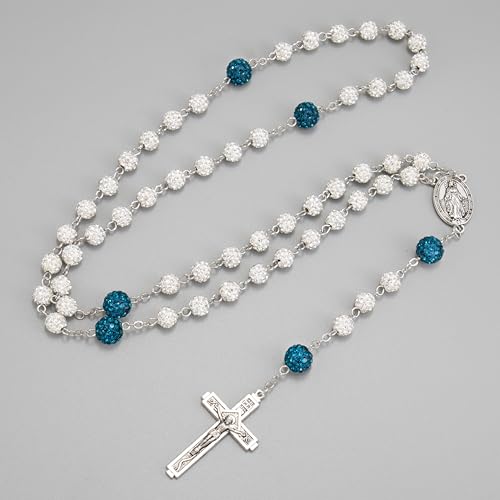 Nazareth Store Rhinestones Crystal Beads Rosary, Catholic Rosary Necklace with Silver Miraculous Medal INRI Crucifix, Multicolor Rosaries in a Gift Case - color: White with Blue Beads