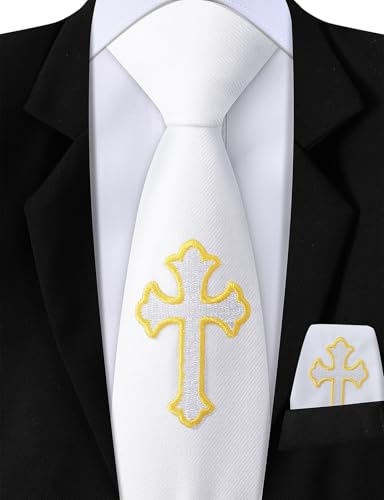 AGJ First Communion Tie for Boys with Embroidered Cross Hanky Set Baptism - color: Gold