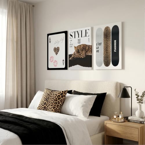 Trendy Leopard Canvas Wall Art Set of 3,Preppy Cheetah Prints Wall Room Decor,Fashion Skateboard Female Aesthetic Wall Decor Posters,for Girls Bedroom Dorm Apartment Decoration 12x16in Framed - color: Black Skateboard Cheetah, size: 16"Lx12"W