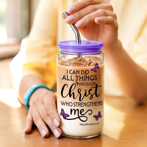 Christian Gifts for Women 16 oz Glass Cups with Lids and Straws, Purple Butterfly Cross Iced Coffee Tumbler for Home Office, Mothersday Baptism Birthday Religious Gifts for Church Friends