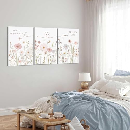 DAXINGJ Floral Wall Art Set of 3,Inspirational Neutral Botanical Heart Line - color: Pink Flower Love, size: 16"L x 12"W