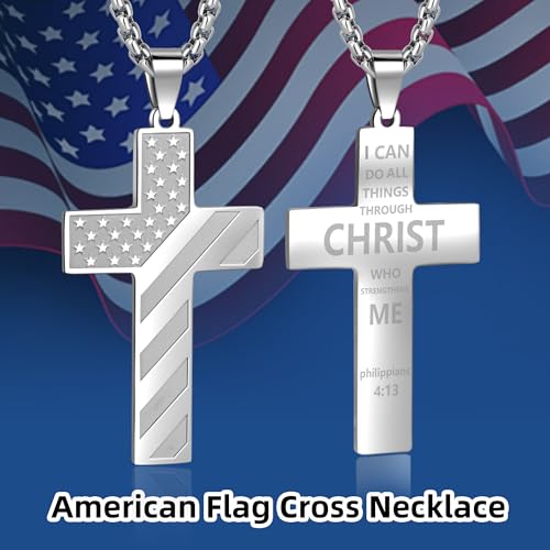 American Flag Cross Necklace for Men, Christian Confirmation Baptism Gifts - color: Silver, style: Philippians 4:13