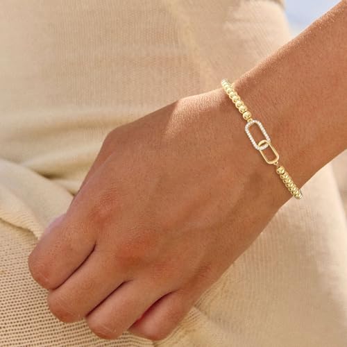 Gold Bracelets for Women 14K Gold Plated Bead Bracelet Hypoallergenic Stretch Bracelets for Women Elastic Bracelet Trendy Teen Gift Dainty Jewelry for Women - style: CZ