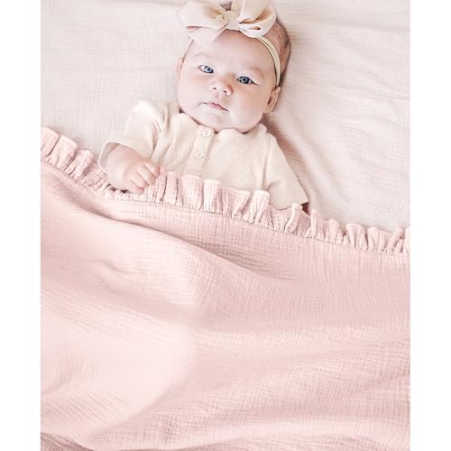 Konssy 100% Cotton Muslin Baby Blanket with Ruffle Trim for Girls, 43"x39" - color: Baby Pink