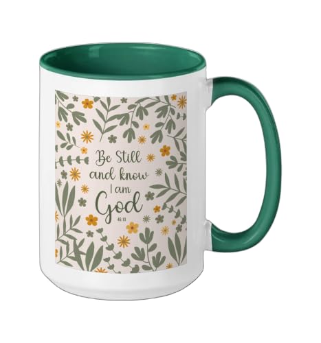 Be Still & Know That I Am God Psalm Bible Verse Floral Women Ceramic Mug, Dark Green/White, 15oz - color: Dark Green/White, size: 15 Ounces