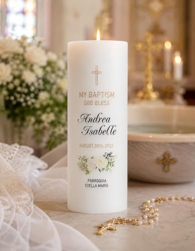 WHITEROOM Personalized Baptism Candle, White Religious Ceremony Candle with Cross Design, Floral Decoration, Custom and Personalized Name and Date (9" x 2.75") - size: 9" x 2.75"