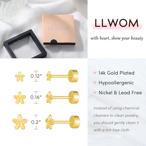 LLWOM 3 Pairs Tiny Flat Back Earrings, Hypoallergenic 14K Real Gold Plated Helix Cartilage Earrings Post Studs Jewelry for Women Gift - color: Gold-Flower