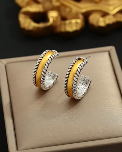 Two Tone Gold Silver Hoop Earrings Mixed Metal Open C Hoop Earrings - color: Antique