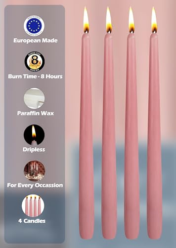 Hyoola Tall Taper Candles - 10 Inch Rose Pink Unscented Dripless Taper Candles - 8 Hour Burn Time - 4 Pack - color: Rose Pink, size: 10 Inch