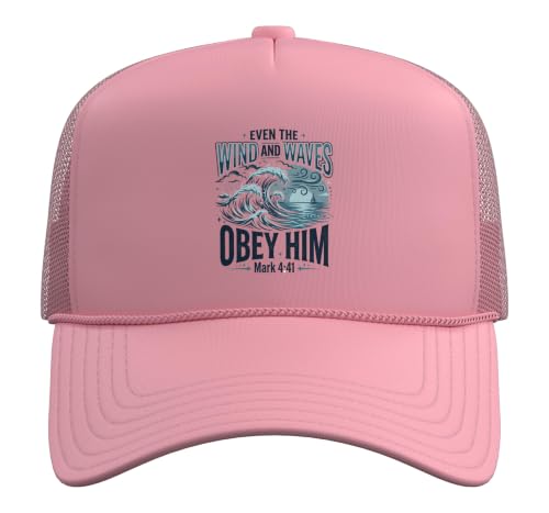 Christian Faith Bible Verse Jesus Wind and Waves Religious Trucker Hat with Adjustable Mesh Back - color: Pink