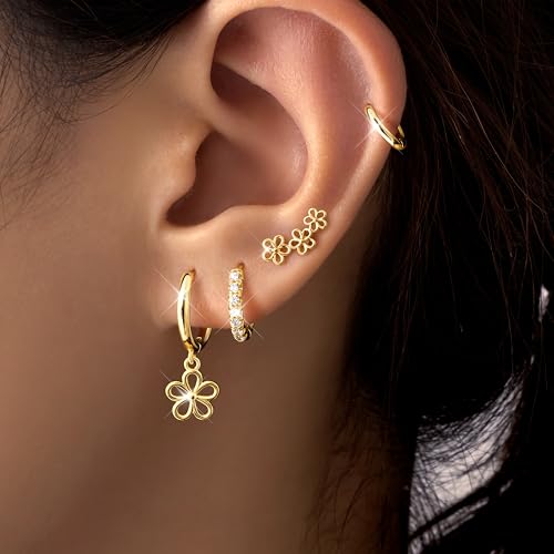 Small Gold Huggie Hoop Earrings Set for Women Men Hypoallergenic 14K Plated Stack Cartilage Earrings, Sterling Silver Multiple Piercing Lightweight Mini Thin Cute Dainty Trendy Jewelry Gifts for Women - color: Gold-Flower
