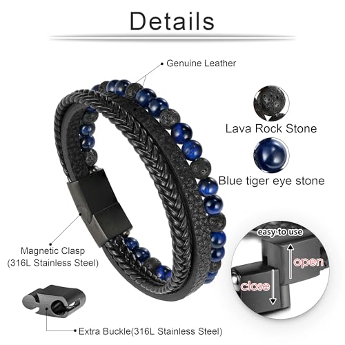 Beaded Leather Bracelets - Gifts for Men, 6mm Tiger Eye Lava Rock Stone Beads Braided Leather Bracelet Handmade Mens Bracelet With Adjustable Magnetic Clasp - color: Black-5