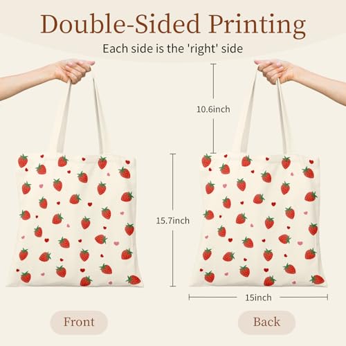 Canvas Tote Bag for Women with Zipper Cute - color: Strawberry