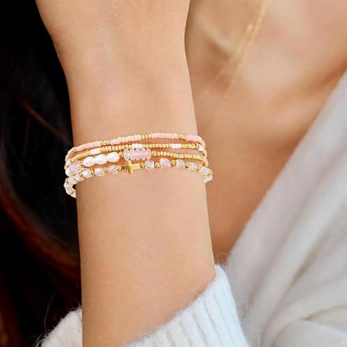 Gold Beaded Bracelets Stack for Women Stackable 14K Gold Plated Beads Ball Cross Bracelet Boho Christian Jewelry Faith Friendship Birthday Gifts for Women - color: Pink Crystal
