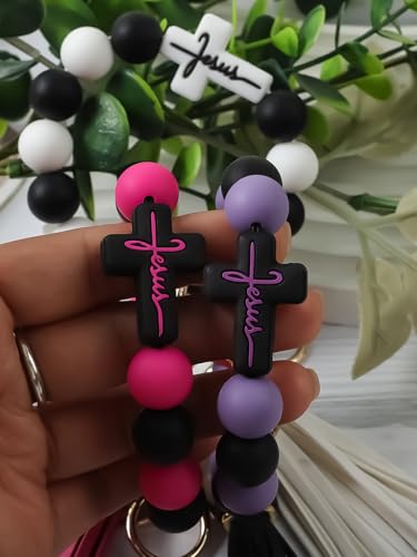 Beaded Keychain Wristlet Silicone Cross Elastic Wrist Key Ring Tassel Bangle Key Chains for Car Key Bracelet Women - color: Purple