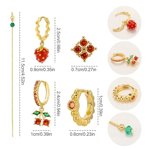 Gold Earrings Set for Women 14K Gold Plated Cubic Zirconia Love Heart Bowknot Clover Fruit Flower Insect Ocean Cross Huggie Hoop Earrings Stud Earrings Set for Multiple Piercing Party Jewelry Gifts - style: Strawberry and Cherry