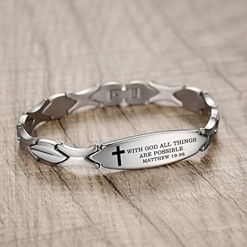 LinnaLove Bible Verse Bracelet - 316L Stainless Steel Silver Religious Gift for Her - style: Possible - Matthew 19:26